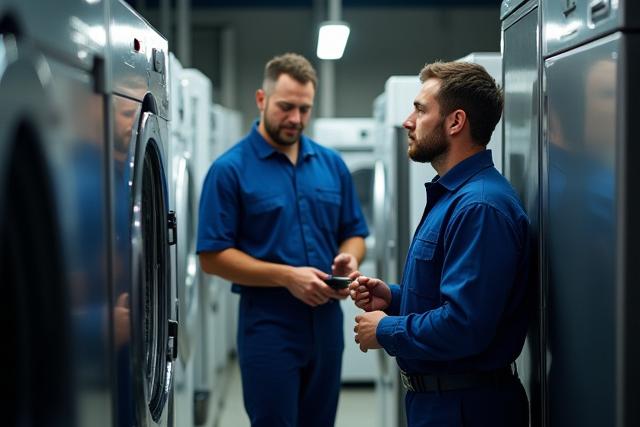 Team ng Duskline Service na nagtatrabaho sa isang workshop na puno ng mga appliance